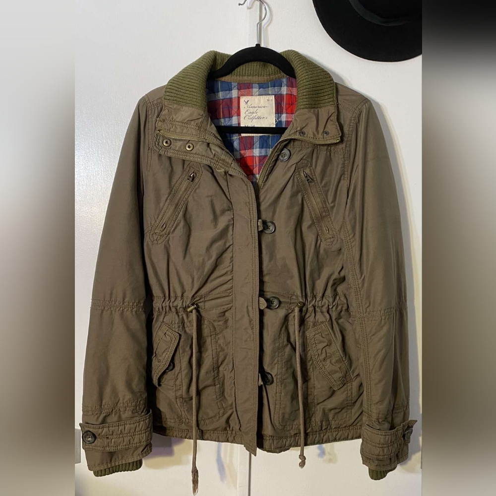 American Eagle Outfitters Olive Jacket with Plaid Lining